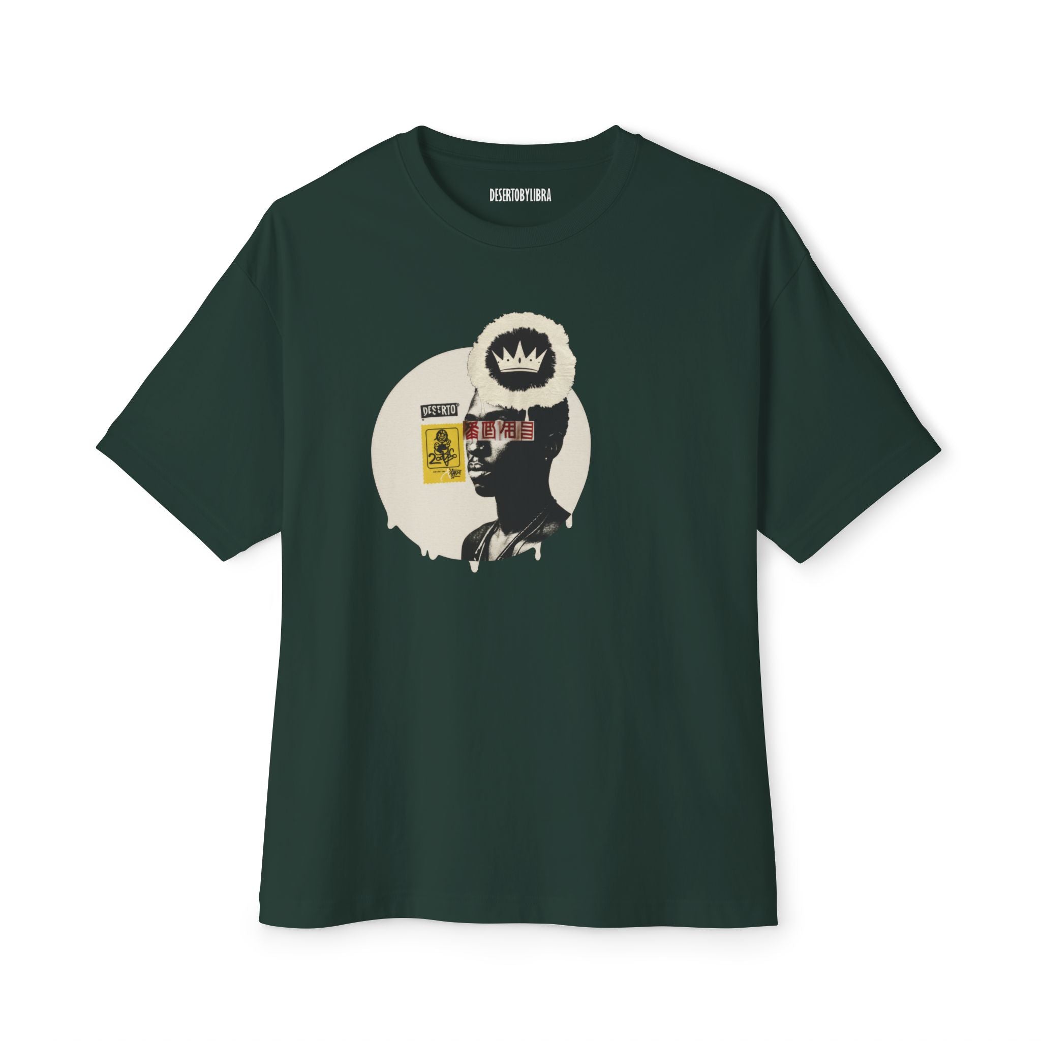 Unisex Oversized Boxy Tee, Retro Collage, Underground Pop Art, Fortress Green, Beige Dirt
